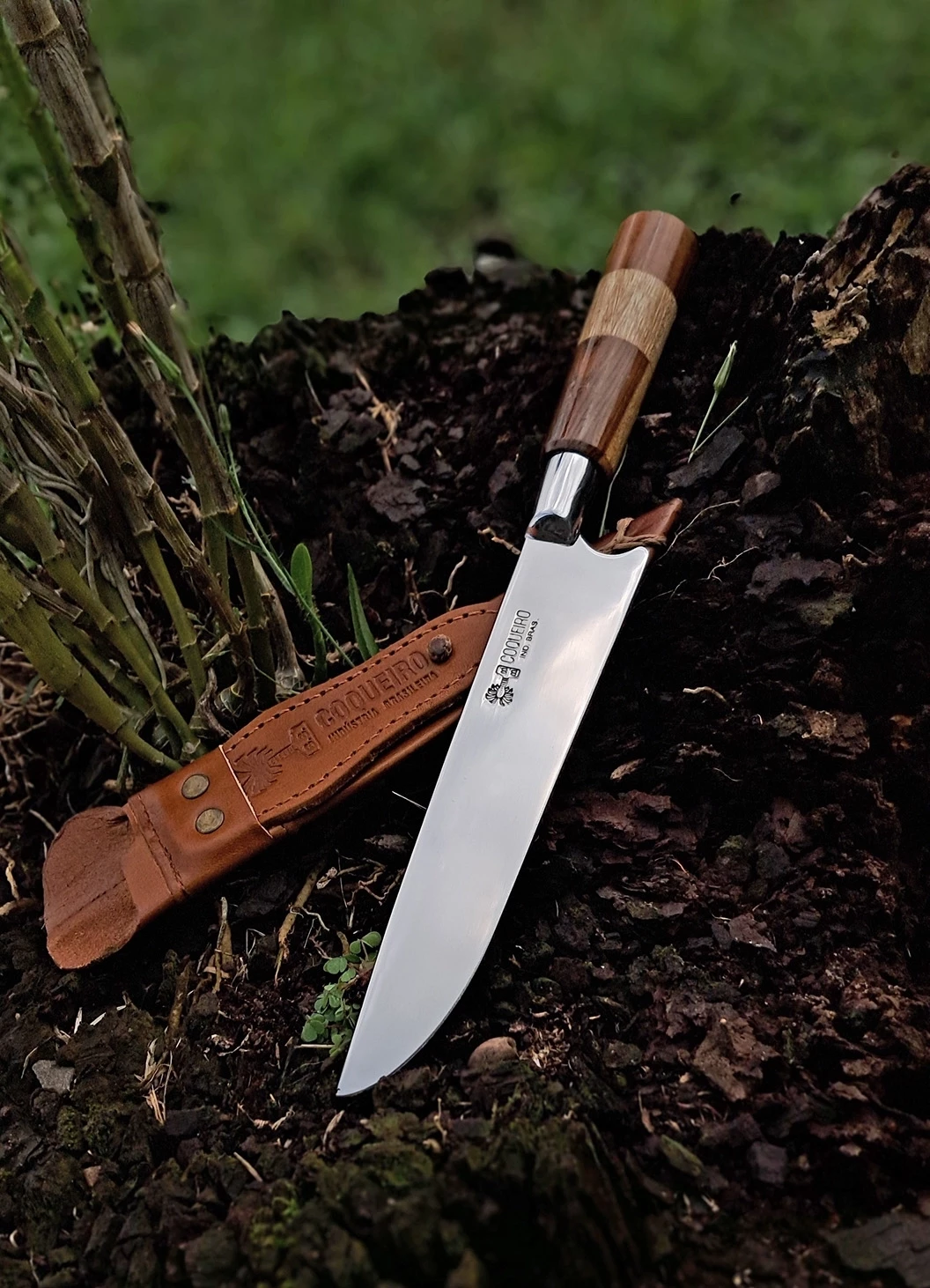 Faca inox cabo bicolor de madeira com bainha de couro artesanal 7" - Ref: 207 IMB BFT