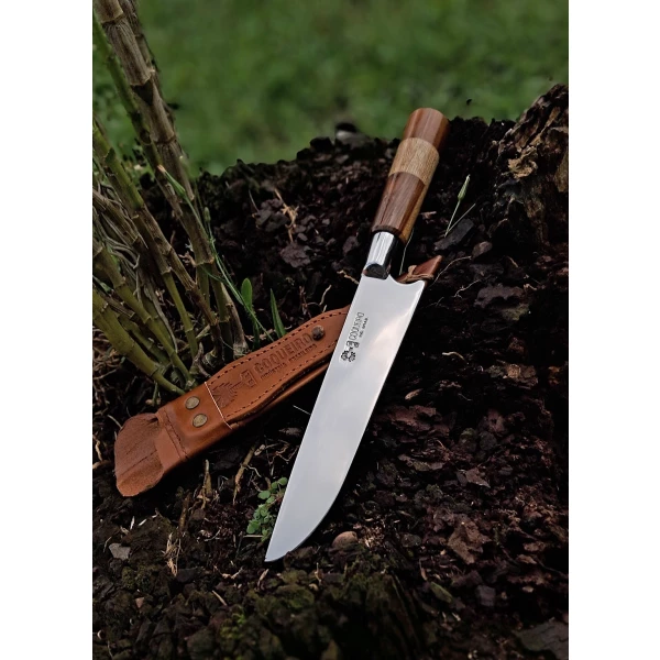 Faca inox cabo bicolor de madeira com bainha de couro artesanal 7" - Ref: 207 IMB BFT