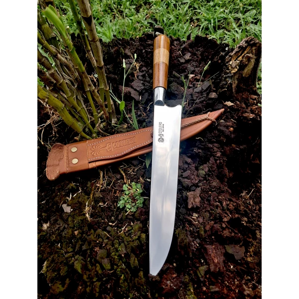Faca inox cabo bicolor de madeira com bainha de couro artesanal 9" - Ref: 209 IMB BFT