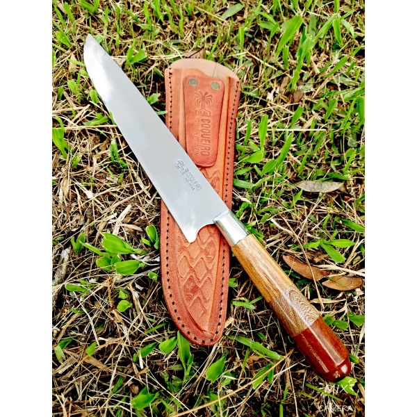 Faca inox cabo bicolor de madeira com bainha de couro artesanal 9" - Ref: 209 IMB BFT
