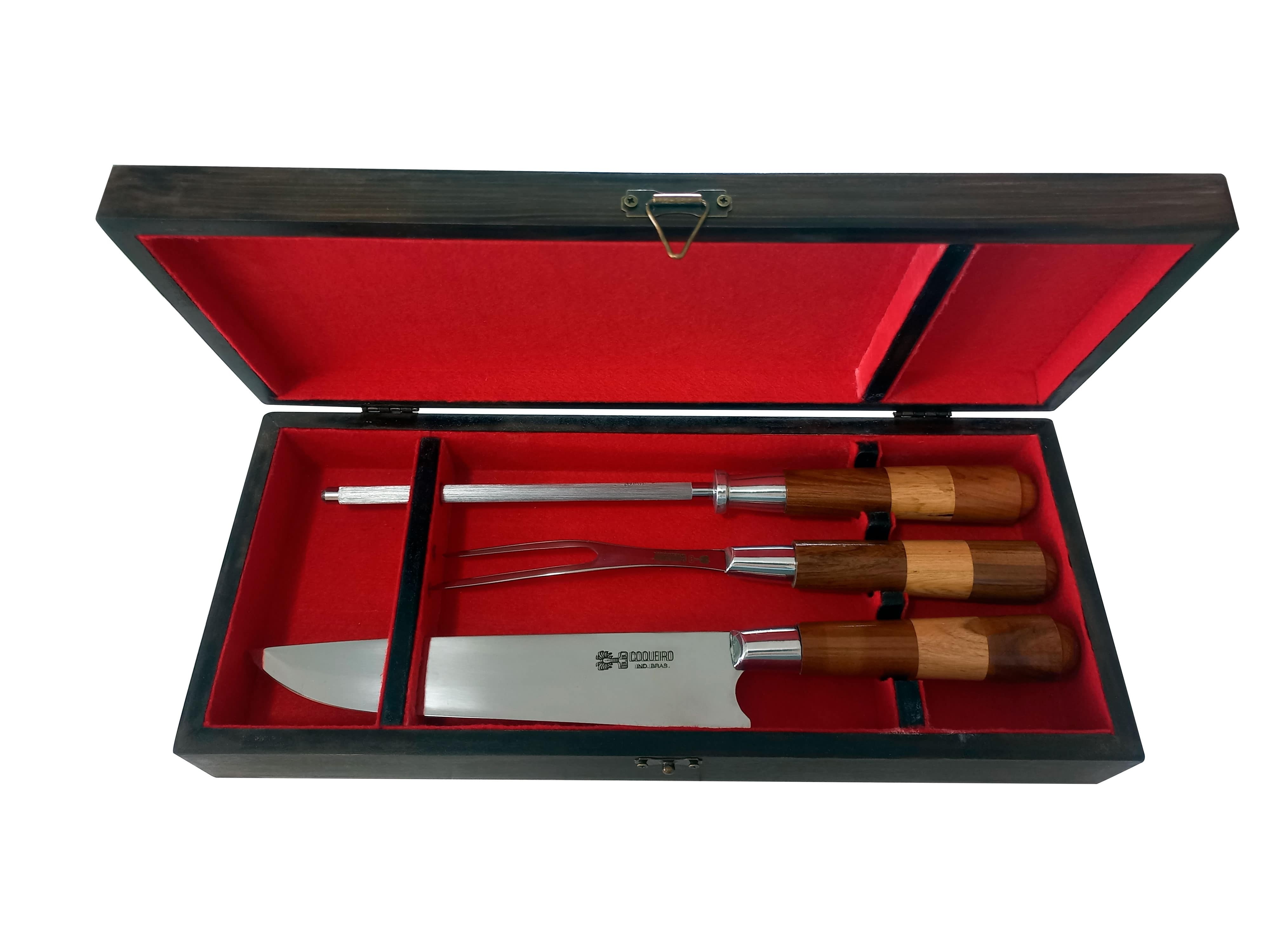 Conjunto faca, garfo e chaira com cabo de madeira e caixa artesanal - Ref: CAIXA 2