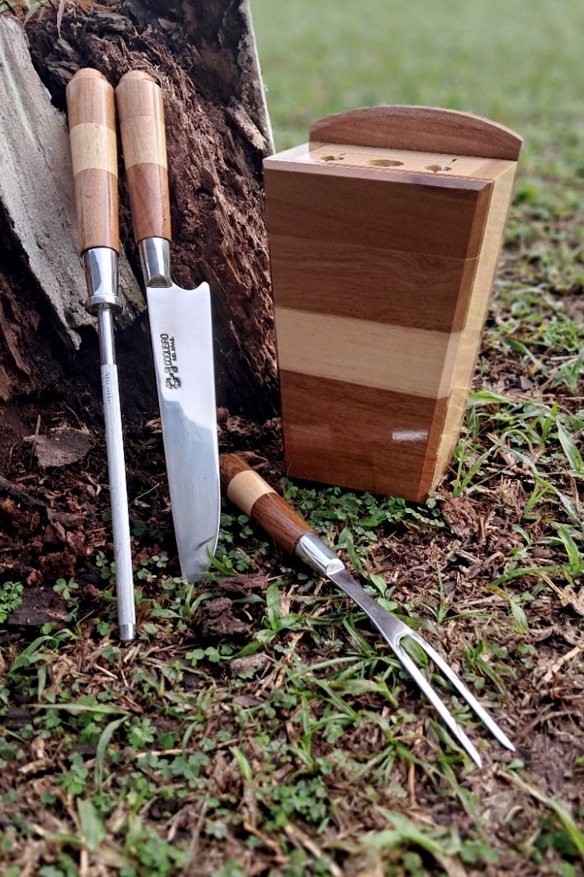 Cepo fechado de madeira com 3 peças em aço inox - Ref: CEPO 03